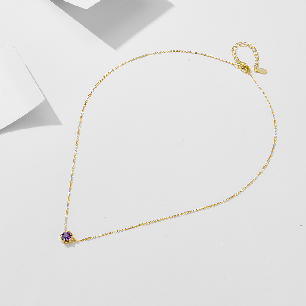 Sterling Sier Hexagonal Amethyst Zircon Pendant Necklace Light Ins Minimalist Geometric Colorful Gemstone Clavicle Chain Jewelry for Women
