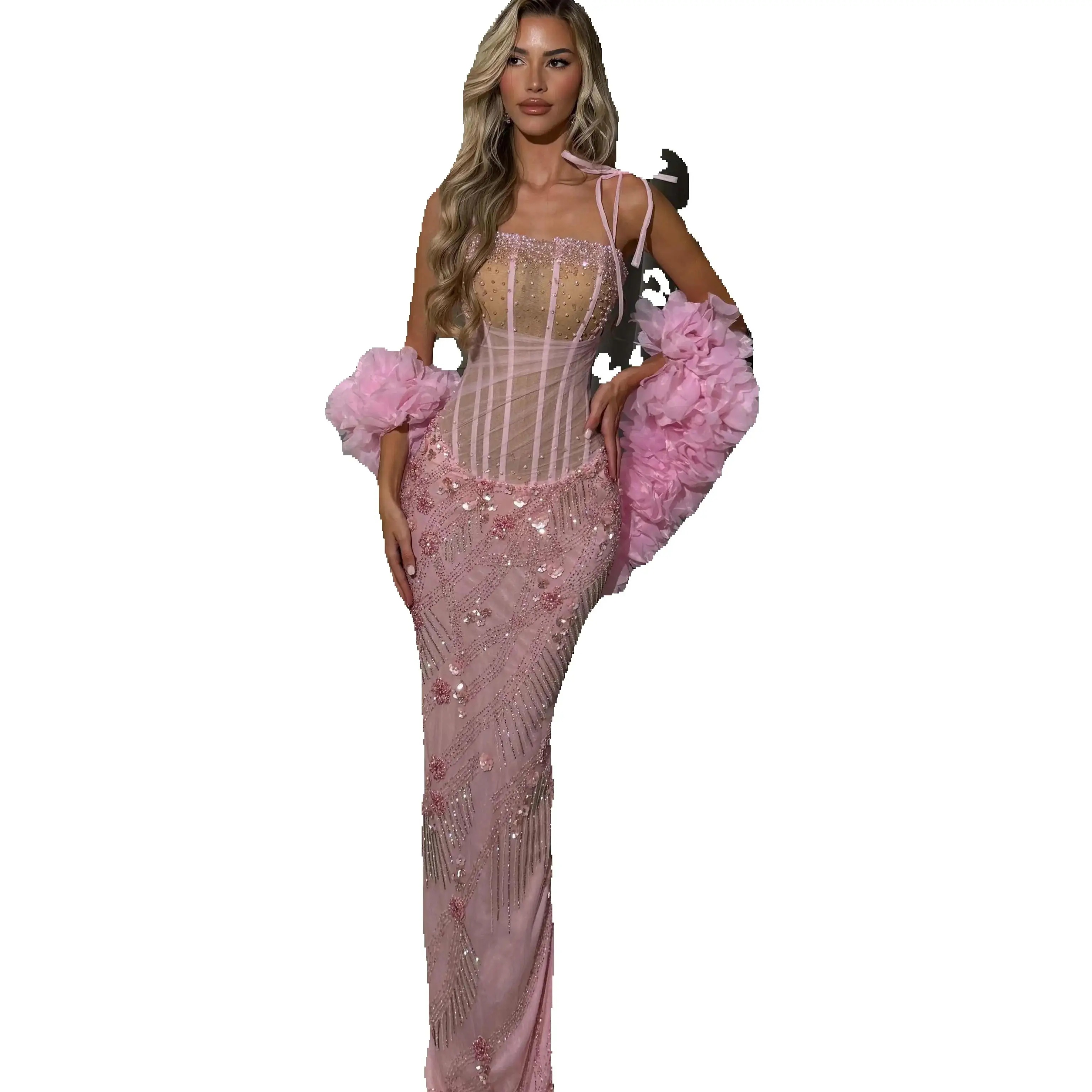 Elegant Spaghetti Straps Prom Dresses Sexy Sequined Crystal Sleevless Evening Gowns See Through Ruffle Party Dress Customized