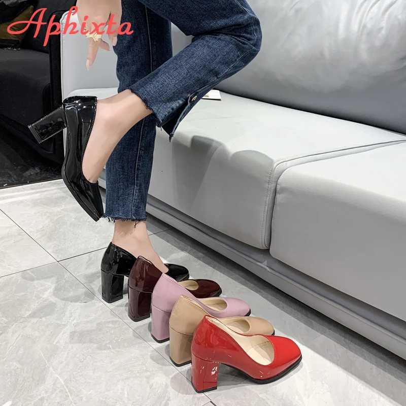 7.5cm Square Toe Patent Leather Shoes Women Pumps Thick Heels Womens Shoes Work Party Shoes Super Big Plus Size 50 W250814