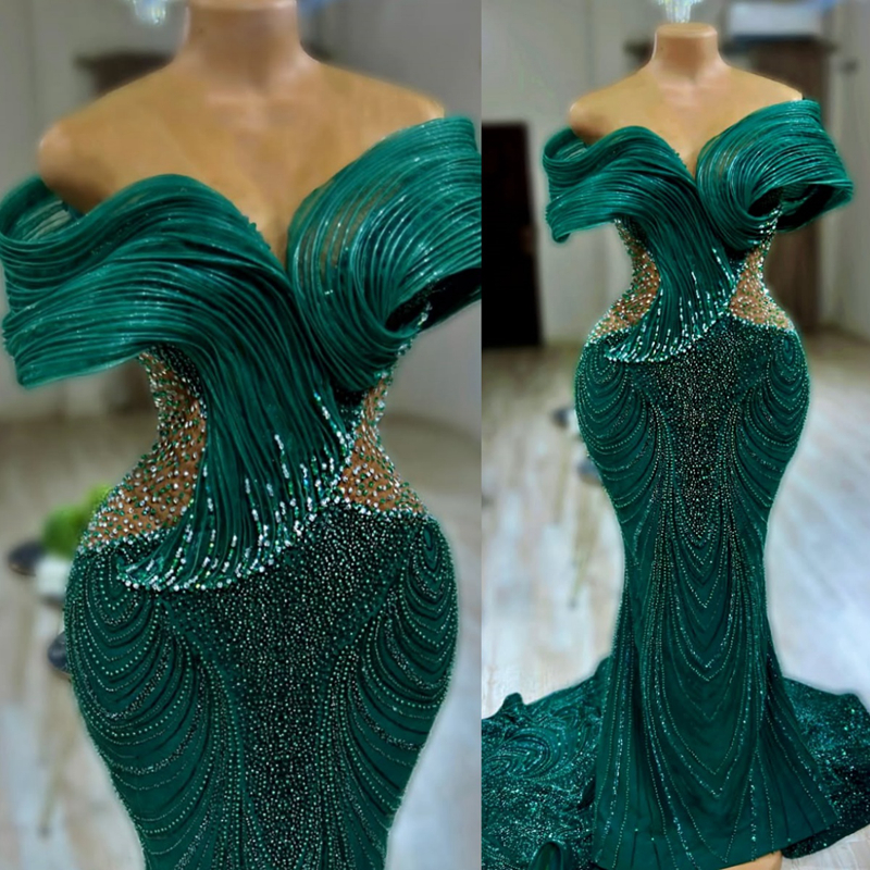 Plus Size Emerald Green Prom Dress 2025 Evening Dresses For Special Occasions Off Shoulder Beaded Lace Crystal Illusion Birthday Dress Second Receptio