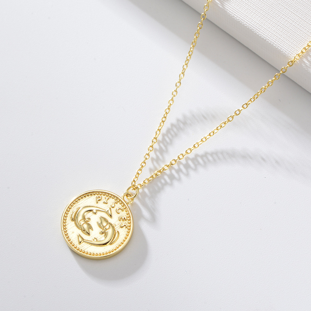 S Pure Sier Gold-Plated Coin Zodiac Necklace for Women Pendant Ins Style Trend Collarbone Chain