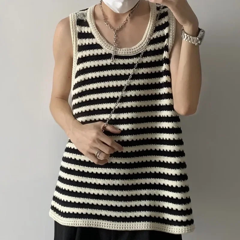American Vintage Striped Knit Vest Mens Summer Outerwear Niche Loose-fit Casual Shoulder Vest Top 250813