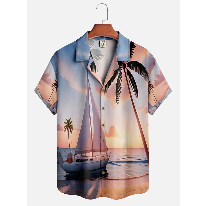 Mens Hawaii Summer Dusk Pattern Casual Shirt 3D Beach Funny Short Sleeve Womens Clothes Blouse Floral Y2k Tops 4XL 250804