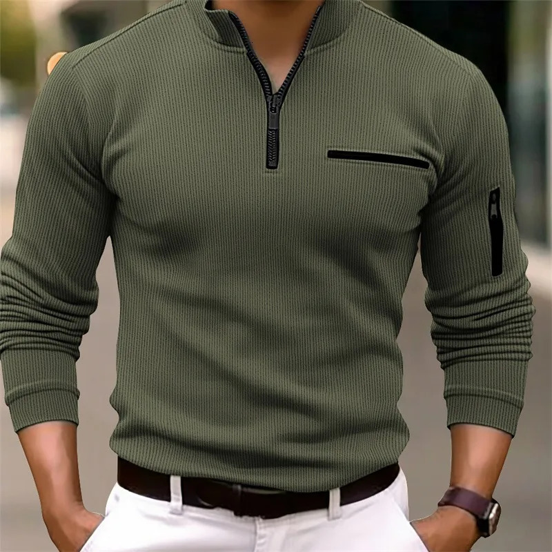mens arm zipper spring and fall leisure sports solid color striped pocket long sleeve poro shirt 250813