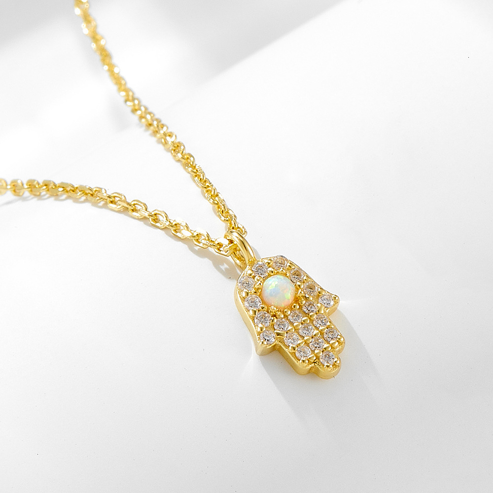 Pure Sier Fatima Hand Necklace for Women, Niche Ins Style, Inlaid with Dias, Opal Mini Palm Collarbone Chain Jewelry for Women