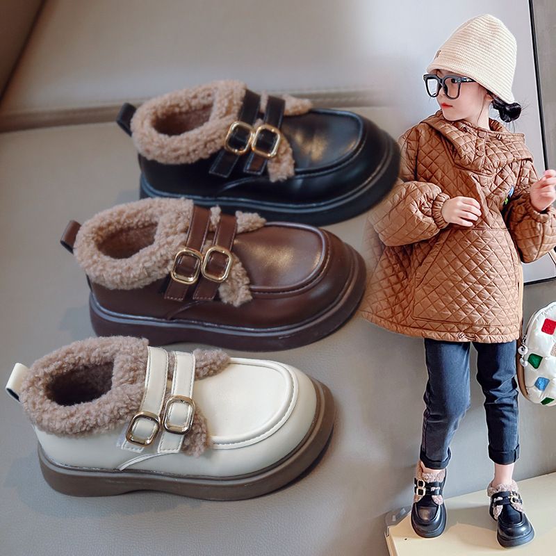 British Style Children Leather Shoes for Girls Winter 2025 Lamb Wool Warm Boys Uniform School Kids Cotton Shoes Kidsnest Plush PU Sizes US5C-US3Y