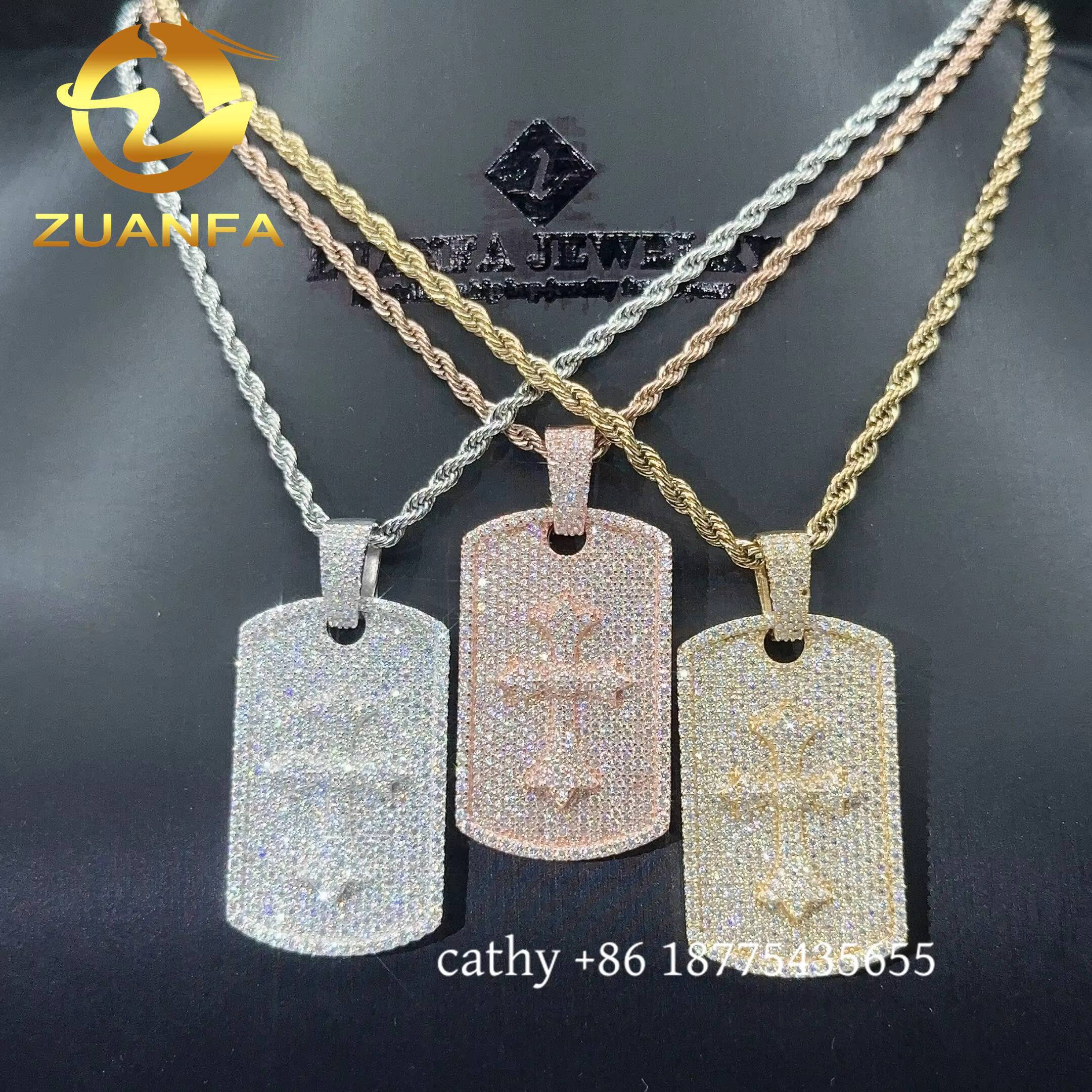 925 Solid Silver Moisssanite Tag Cross Pendant Hip Hop Jewelry Iced Out Moissanite Pendant With Stainless Steel Rope Chain