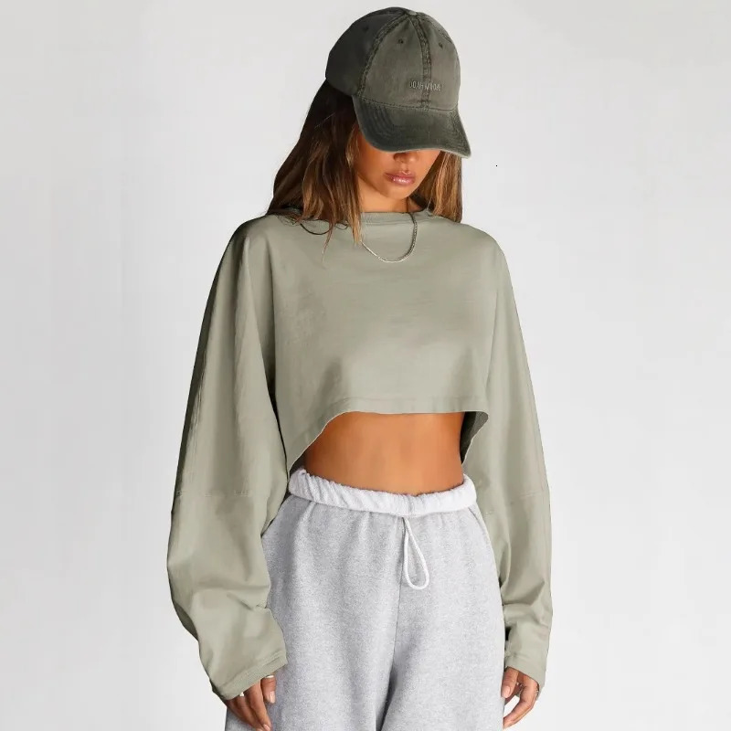 Women Sports Crop Tops Long Sleeve Loose Sweatshirts Female Fitness Running Yoga Pullovers Gym Clothing Ladies Oneck Hoodies 250813