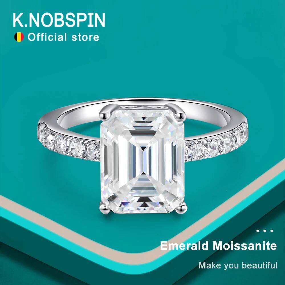 KNOBSPIN 4ct Emerald Moissanite Ring s925 Sterling Sliver Luxury Lab Diamond White Gold Wedding Band Engagement Rings for Women