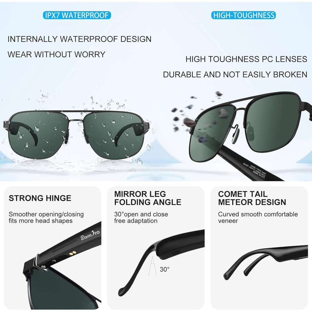 Dormiro AI Smart Glasses with 150+ Languages Real-Time Translation Nano IPX7 Waterproof Polarized Bluetooth Sunglasses Men Touch Control UV Protection