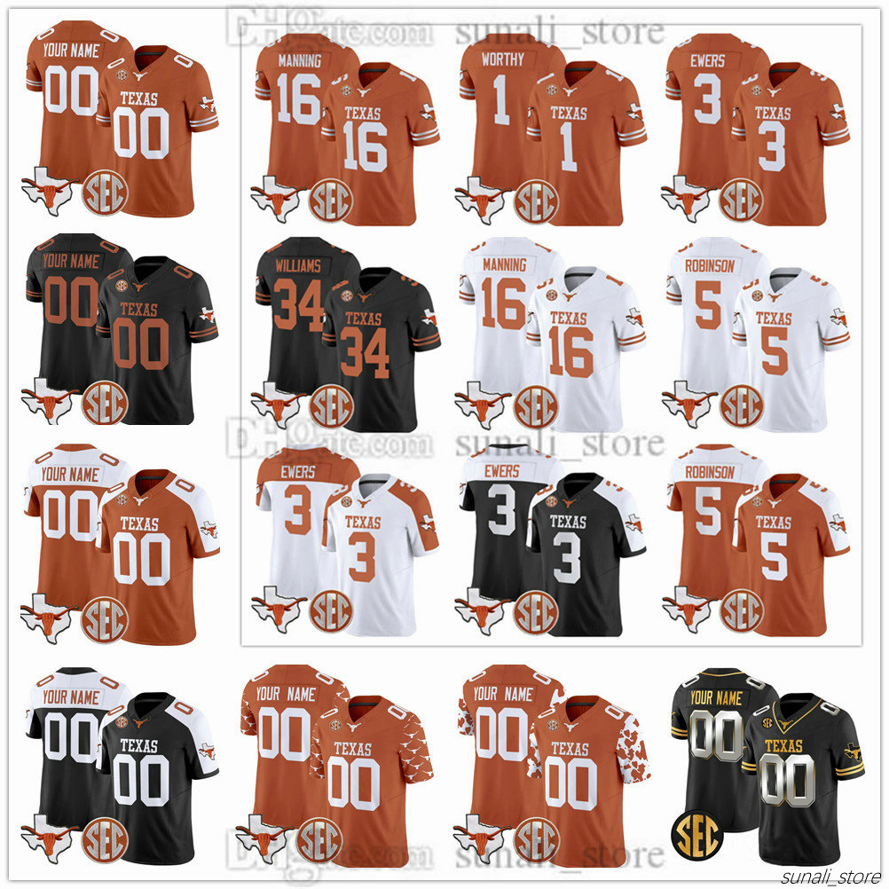 Men's Texas College Longhorns Football Jersey 16 Arch Manning 3 Quinn Ewers 7 Isaiah Bond 34 Ricky Williams 5 Bijan Robinson 20 Earl Campbell 10 Vince Young Stitched