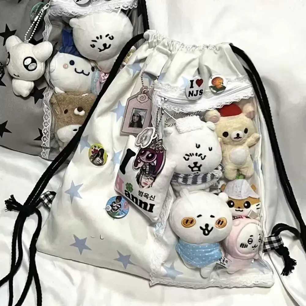 Korean Fashion Student Canvas Bag Y2K Star Print Drawstring Backpack Girls Lightweight Pain-Free Bag Large Capacity Shoulder Bag XJ250814