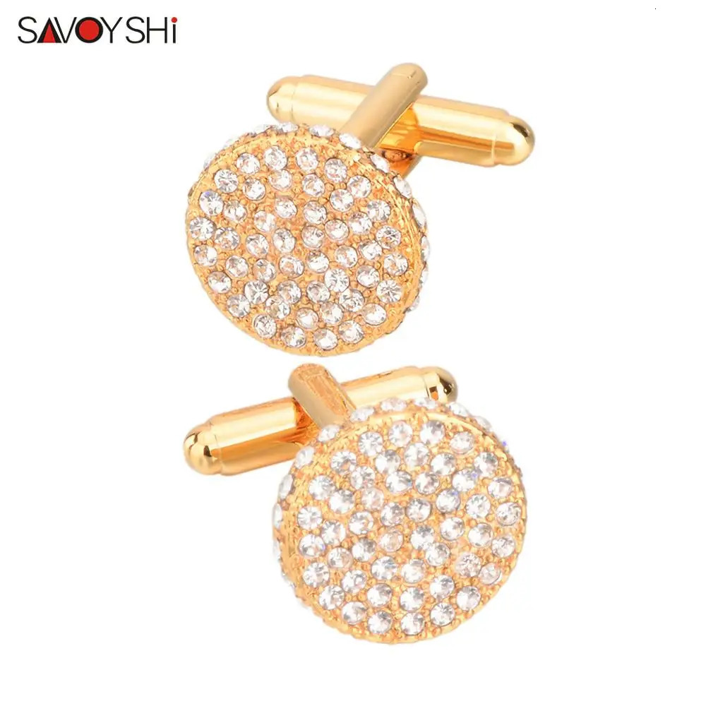 SAVOYSHI Shirt Cufflinks for Mens Cuffs High Quality Round Crystals Cuff links Gift Male Jewelry Free Engraving Name 250812