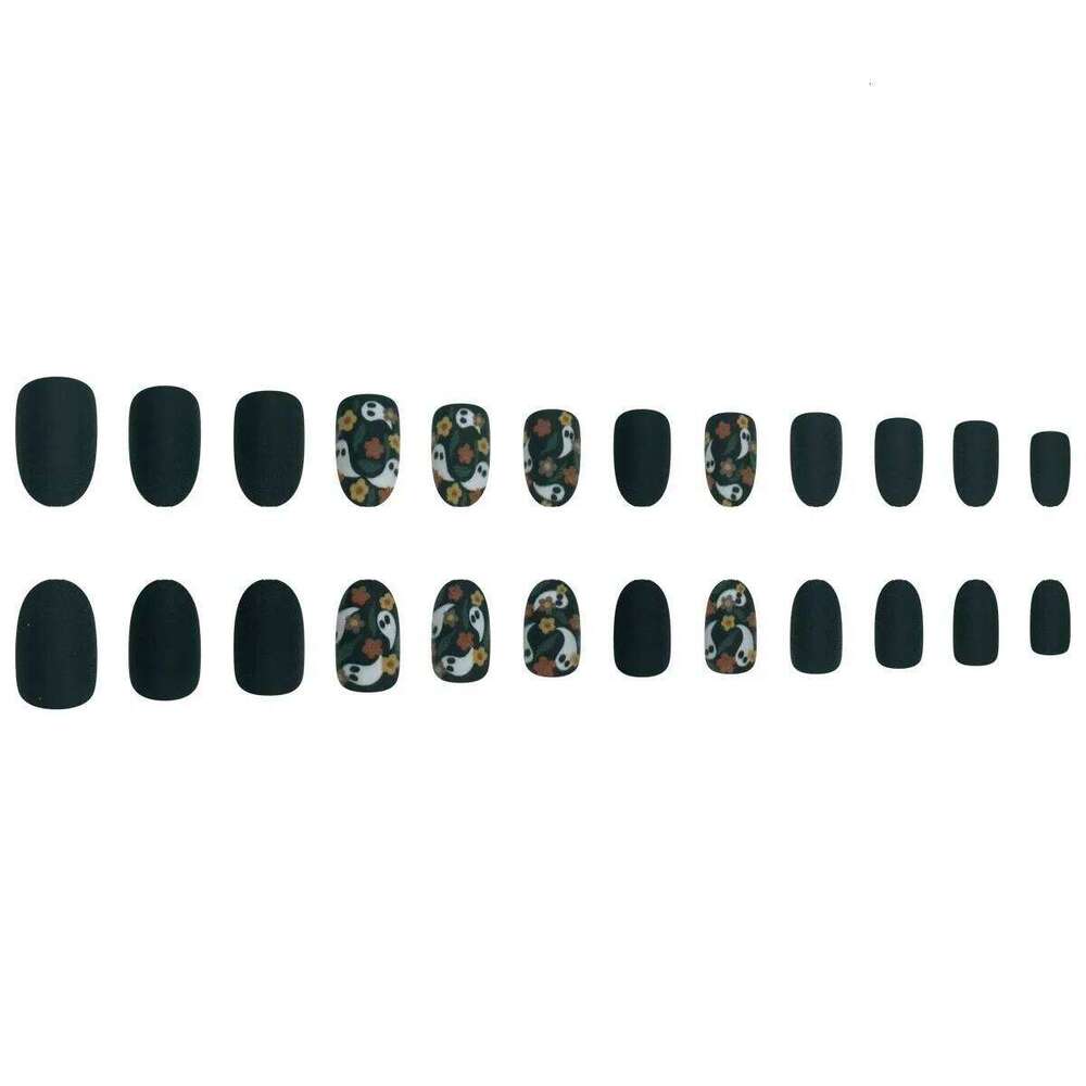 24pcs Al Cute Flower Ghost Pattern Design Fake Press On Halloween Short Oval Fashion Matte False Nails Wearable X250814