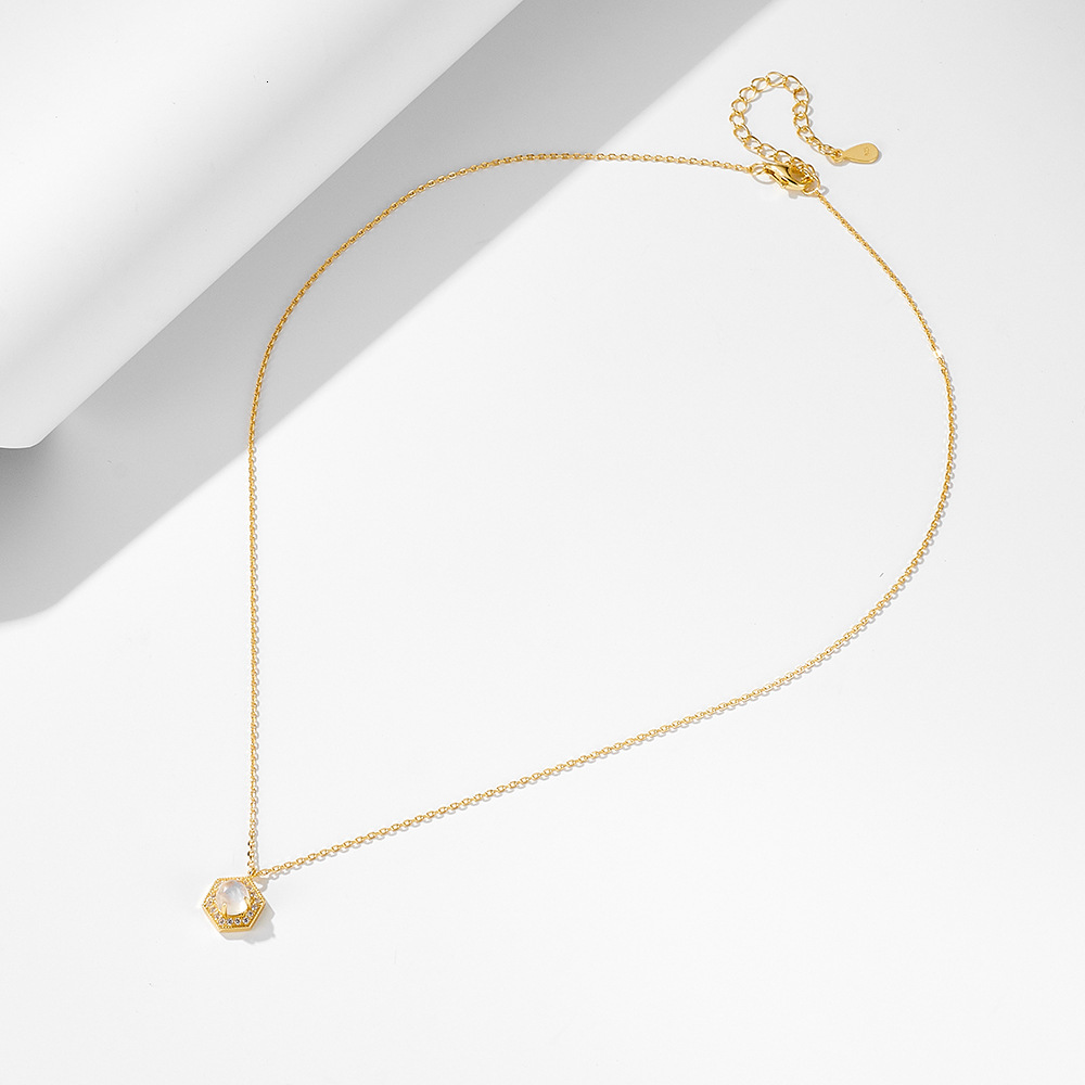 Ins Style Simple Geometric Hexagon Natural Moonstone Pendant Necklace for Women High-end Clavicle Chain