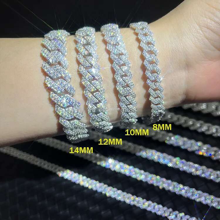 VVS Mossanite 2rows 8mm 10mm 12mm 14mm S Sier Dia Necklace fashion Man Moissanite Hiphop Cuban k Chain