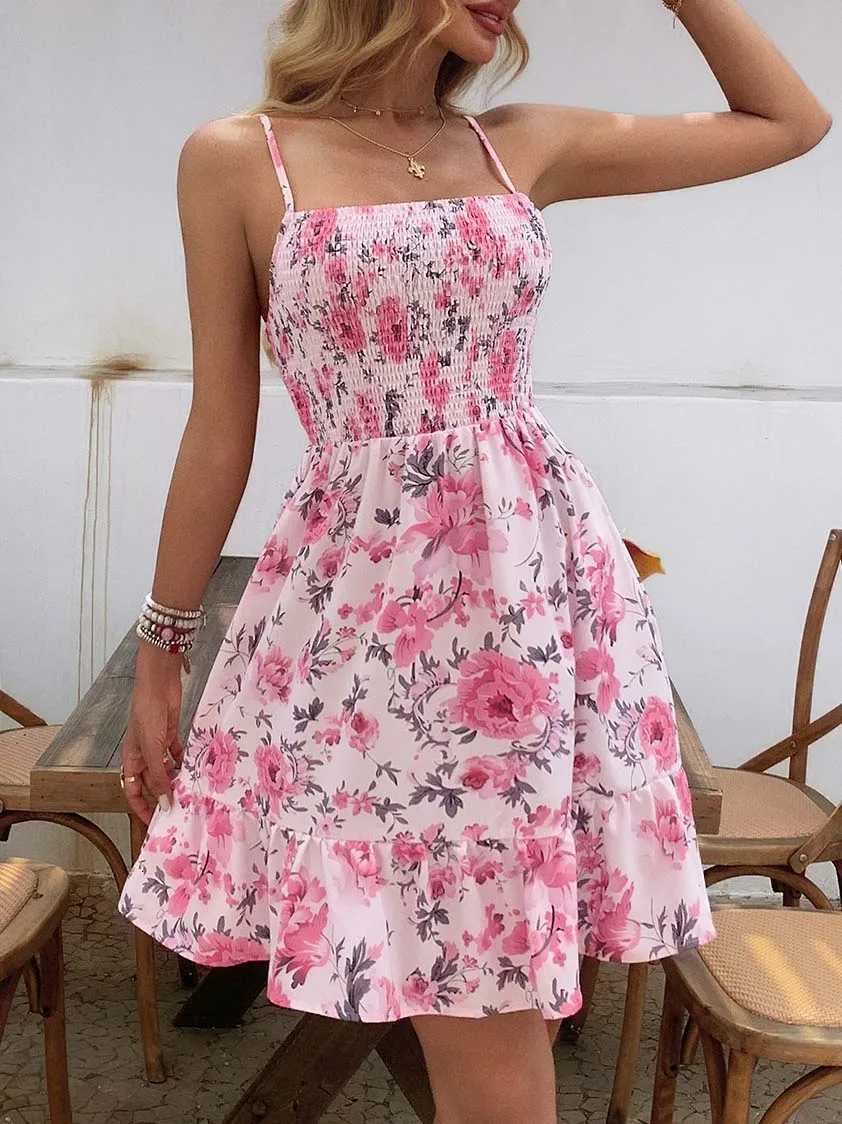 Womens Floral Print Shirred Spaghetti Strap Dress - Summer Boho Ruffle Sundress Casual Beach Maxi Dress XJ250814