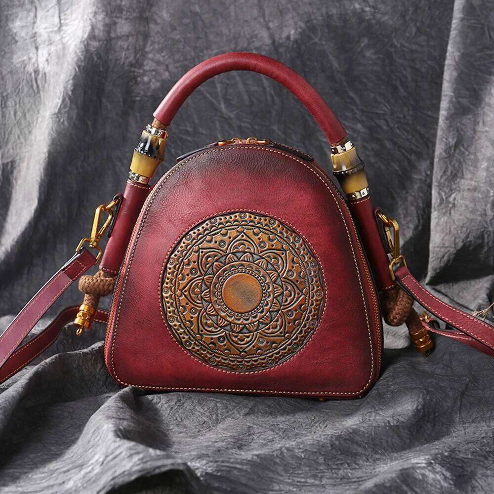 City Bag MOTAORA Handmade Emed Women Crossbody 2025 New Retro Genuine Leather Shell Bag Ladies Chinese Style Shoulder Bags