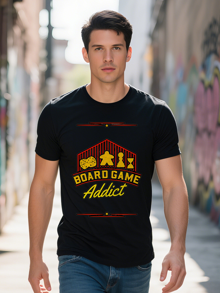 Men s Casual T Shirt Black with Red Yellow Board Game Addiction Print Summer Tee Regular Fit Top, Ideal for Gamers,