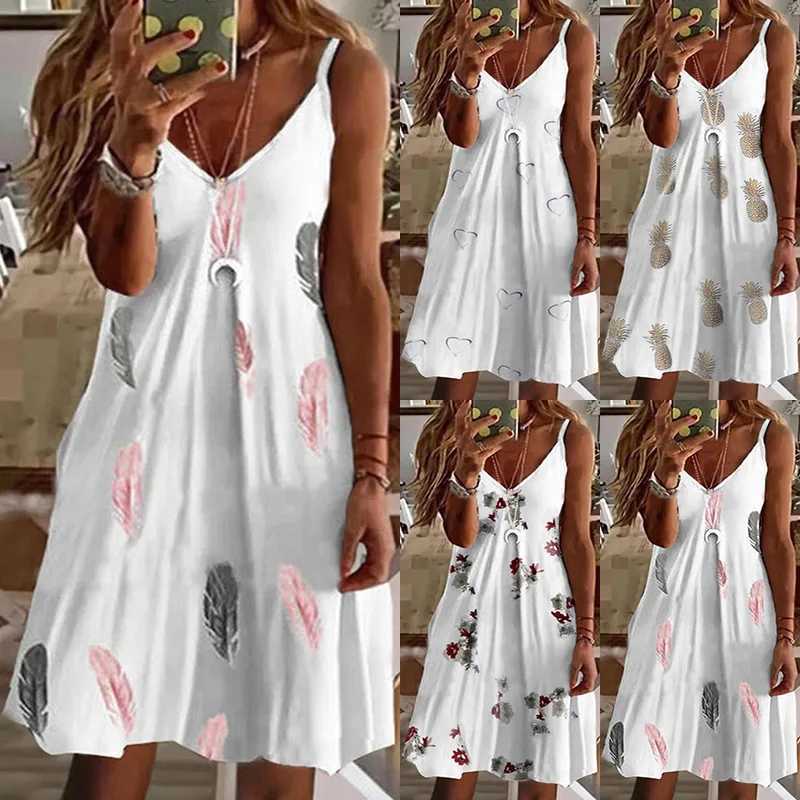 2022 Summer Womens Dress Europe New Womens Sexy V-neck Loose Printed Strap Dresses Casual Outfits ZC325 XJ250814