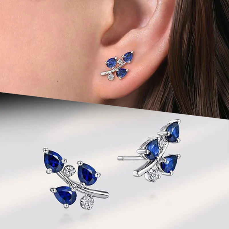 Huitan Leaf-shaped Stud Earrings with Blue Cubic Zirconia Delicate Ear Piercing Accessories for Women Trendy Girl Jewelry 250812