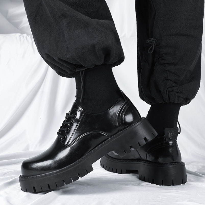 Buckle Heel Casual Style Round Toe Black Low Tube Leather Shoes Men's Business Thick Sole Height Increasing Fleece Lined