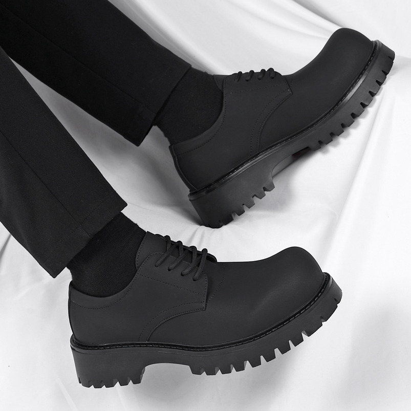 Derby for Men Spring New Black Matte Business Formal Versatile Height Increasing Thick Sole Round Large Toe Men's Leather Shoes