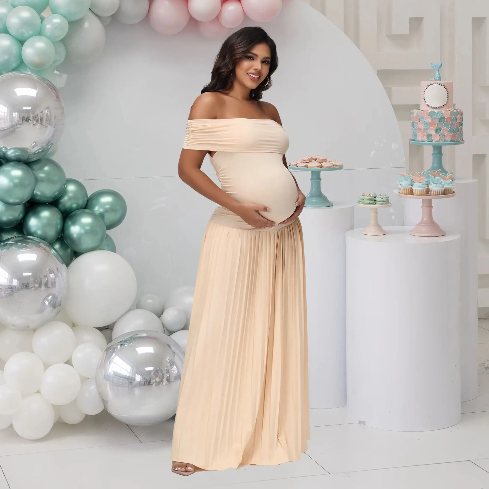 Maternity Off-Shoulder Bodycon Backless Summer Long Dress Pleated Maxi Gown for Baby Shower Poshoot 250813