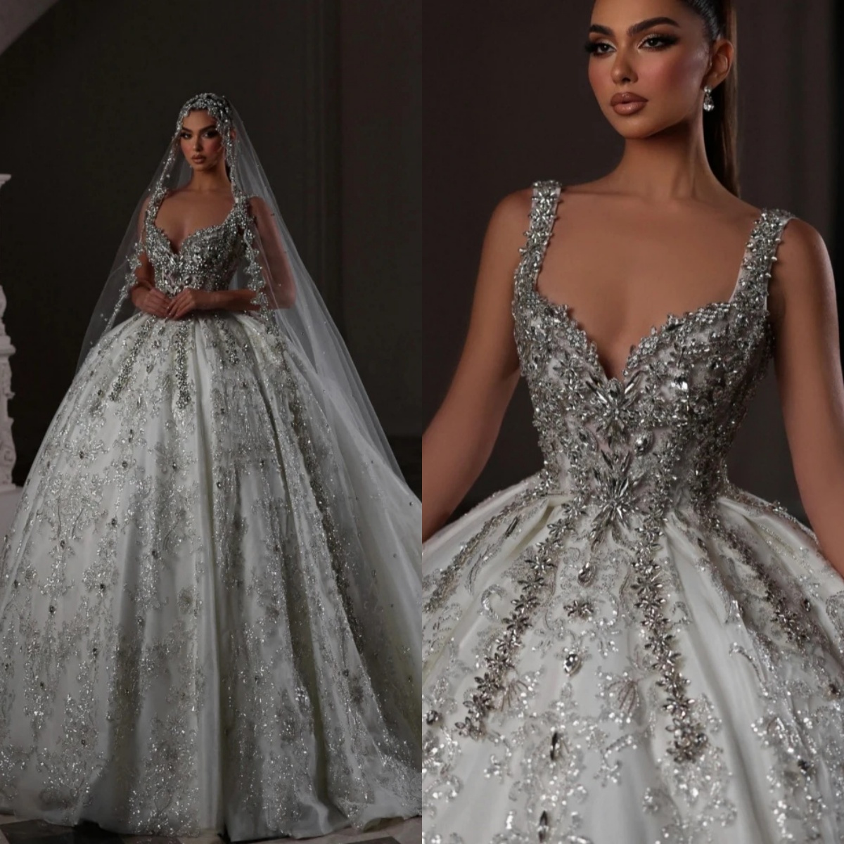 Spaghetti Straps Crystal Wedding Dress Ball Gown Elegant Sequins Lace Bridal Dress Customized Sleeveless Beads vestidos de novia