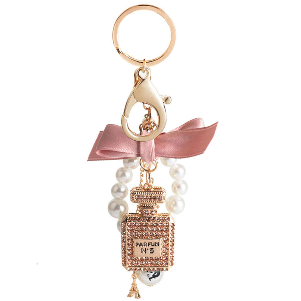 Korean Version Creative Full Diamond Inlaid Perfume Bottle Keychain for Women, Bowknot Pearl Bag Pendant Small Gift