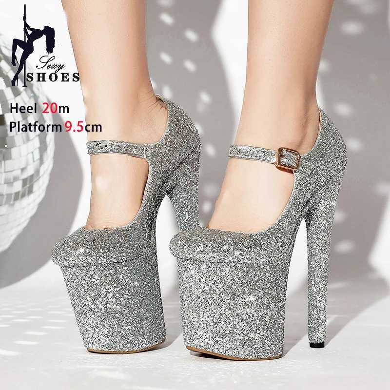 Female Sequin Pumps Fashion Buckle Strap Women Shallow Mouth Thin High Heels Nightclub Club 20CM Stripper Heels Pole Dance Shoes W250814