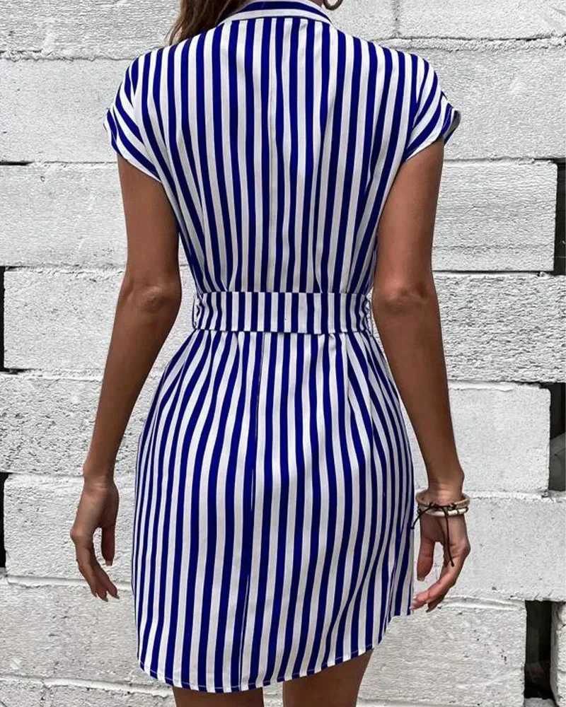 Women Spring Summer Style A-Line Dress Lady Casual Sleeveless Turn-down Collar Striped Printed Dress Vestidos XJ250814