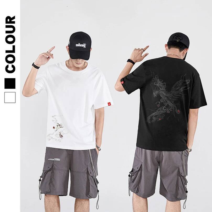 2025 Summer Cotton Trend Oversize Short Sleeve T-Shirt Men's National Chinese Style Tshirt Men's Phoenix Embroidery Top Tee Z1
