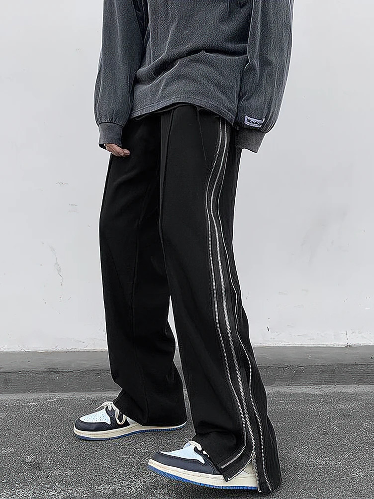 Streetwear Side Split Zipper Loose Casual Straight Pants Men Outdoor Y2k Black Parachute Long Trousers 250813