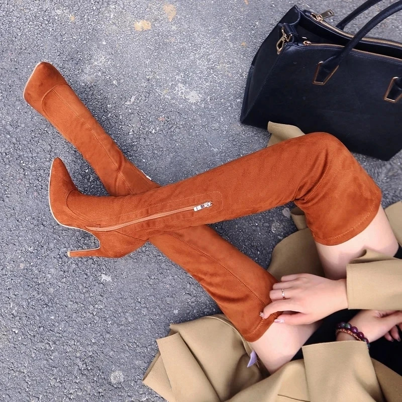 Big Size 34-46 Black Suede Women Thigh High Boot Sexy High Heels Pointed Toe Over The Knee Boots 250812