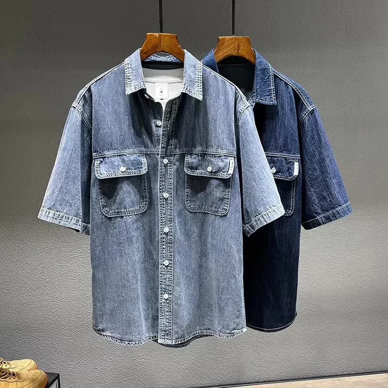 Summer Mens Denim Shortsleeved Shirt Retro Large Size Tooling Loose Casual Denim Tops Allmatch 7XL 8XL 250804