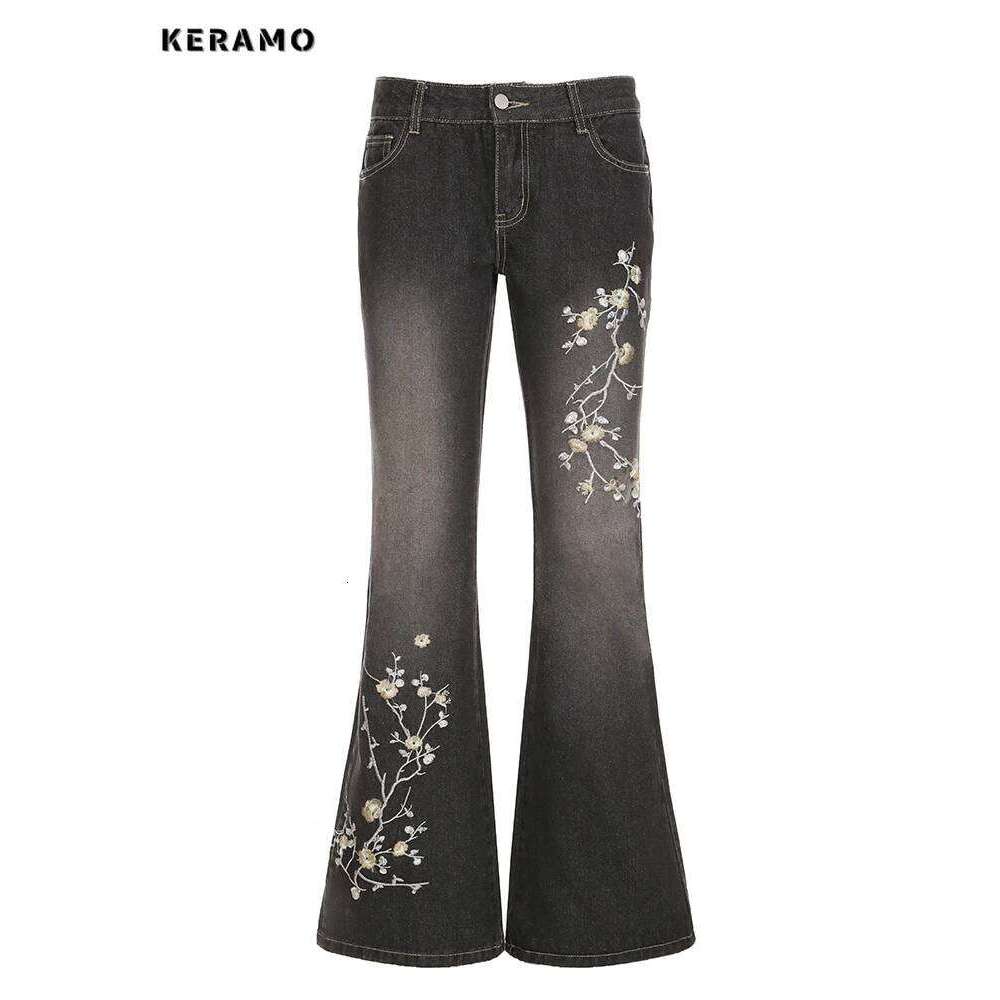 Weekeep Floral Embroidery Vintage 2000s Low Rise Flared Jeans Women Retro y2k Baggy Denim Pants High Street Basic Trousers