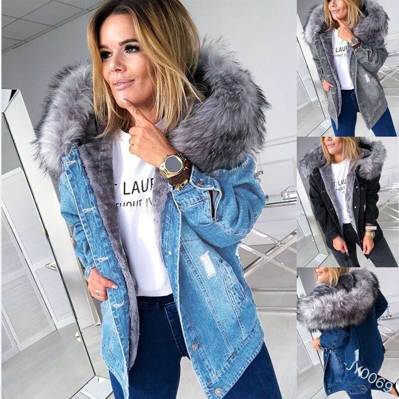Winter Vintage Ripped Pocket Stitching Baggy Coat Women's Denim Plush Coat Women Long Sleeve Single-Breasted Hooded Denim Jacket