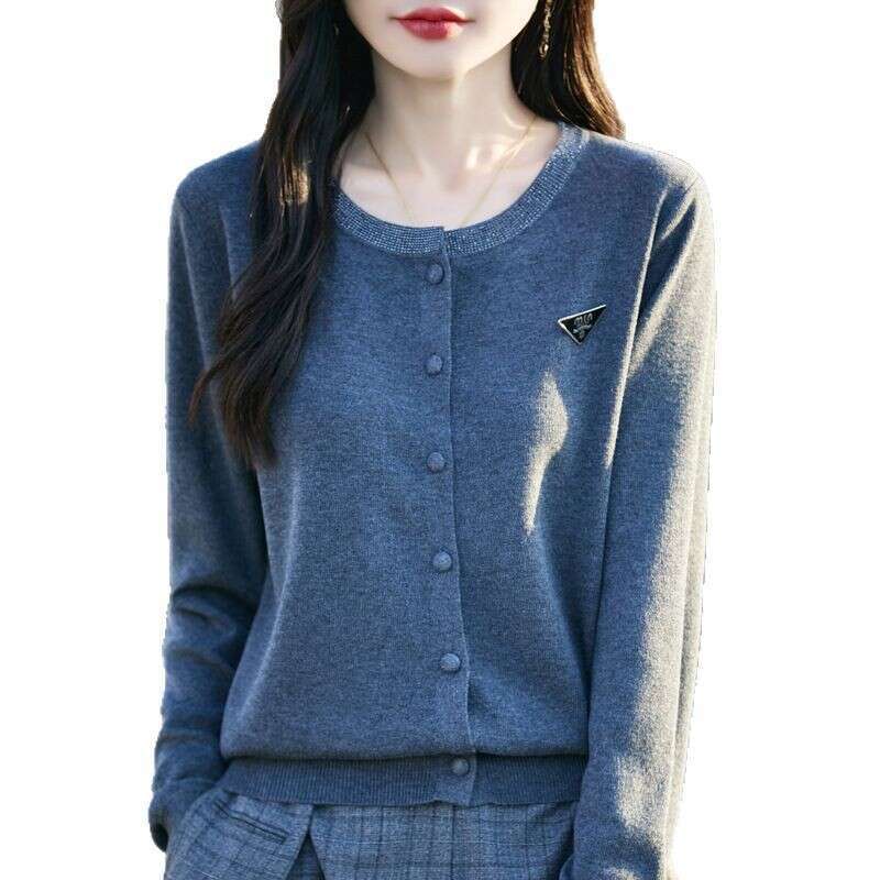 Spring New Round Neck Dia-set Women's Knitted Solid Color Cardigan Jacket Korean Loose Long-sleeved Sweater