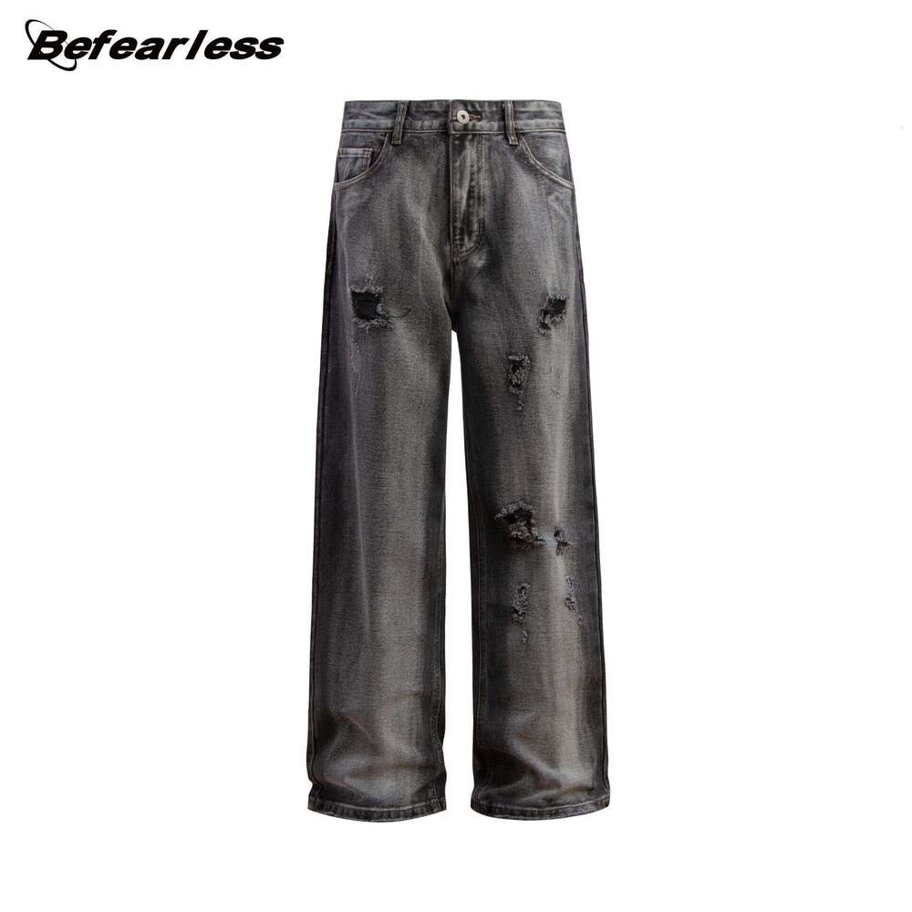 American Style Washed Ripped Cargo Jeans Trendy Loose Straight Unisex Wide Leg Floor-Length Casual Pants B5
