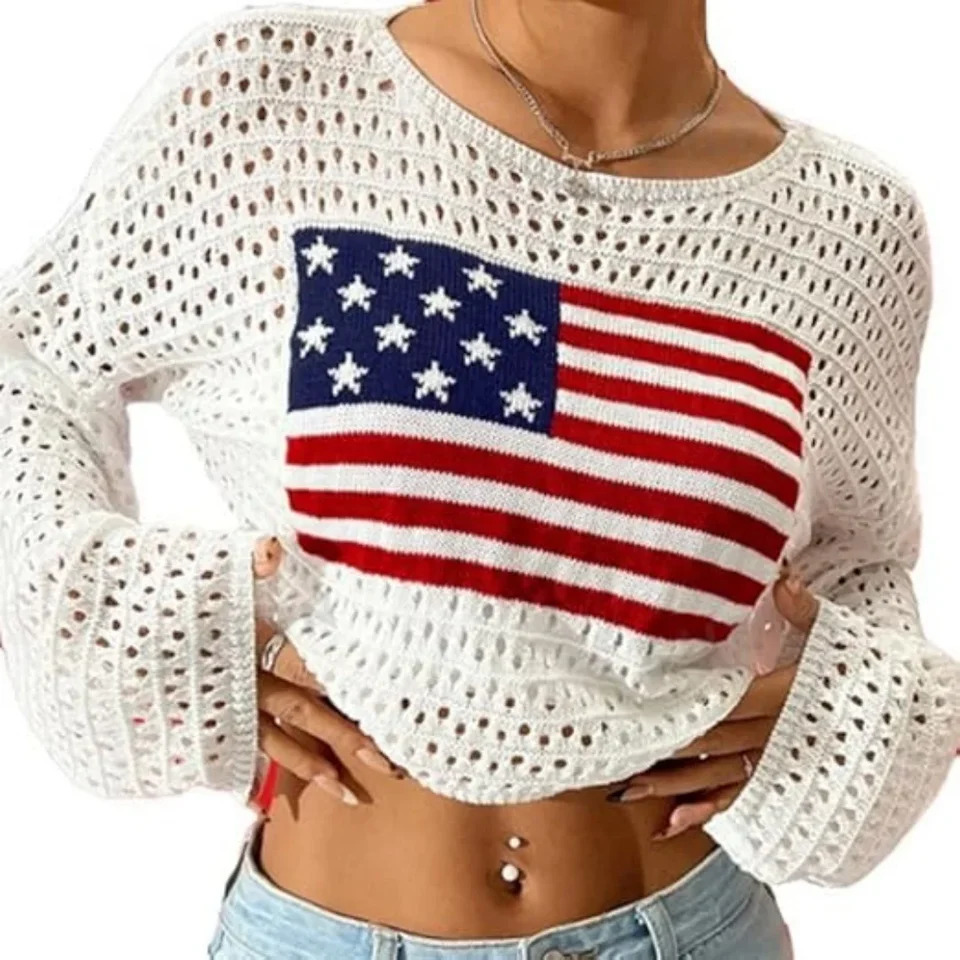 Womens Crew Neck Cropped Pullover American Flag Pattern Long Sleeve Knit Hollow Navel Top Womens Clothing 250808