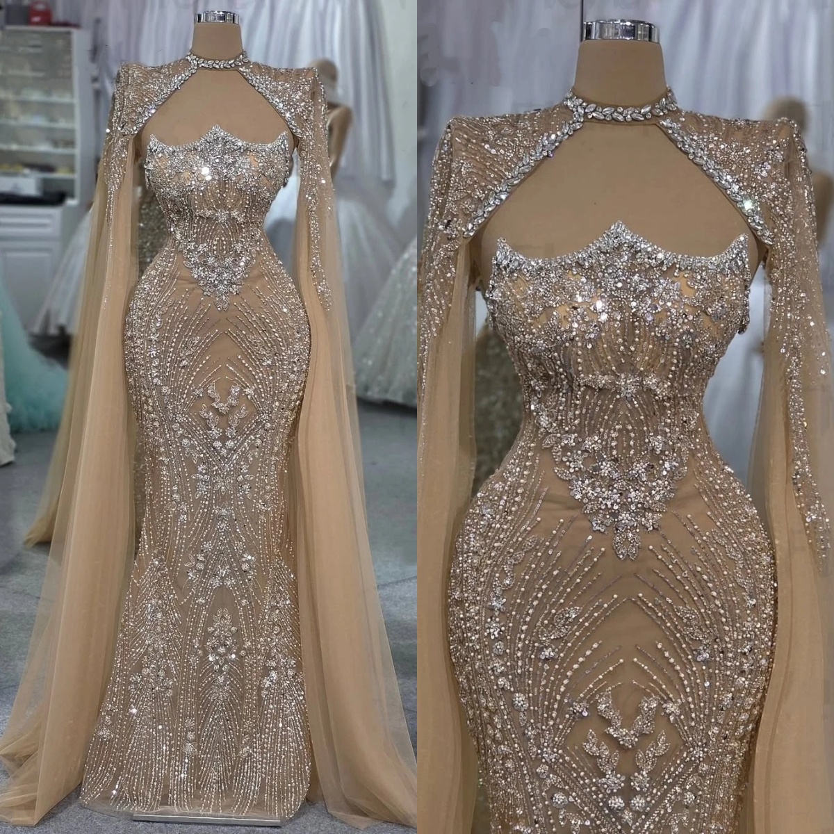 Glamorous Strapless Evening Dresses Sequins Beading Prom Gowns with Cape Crystal Sleeveless Beading Customized Vestidos De Noche Plus Size