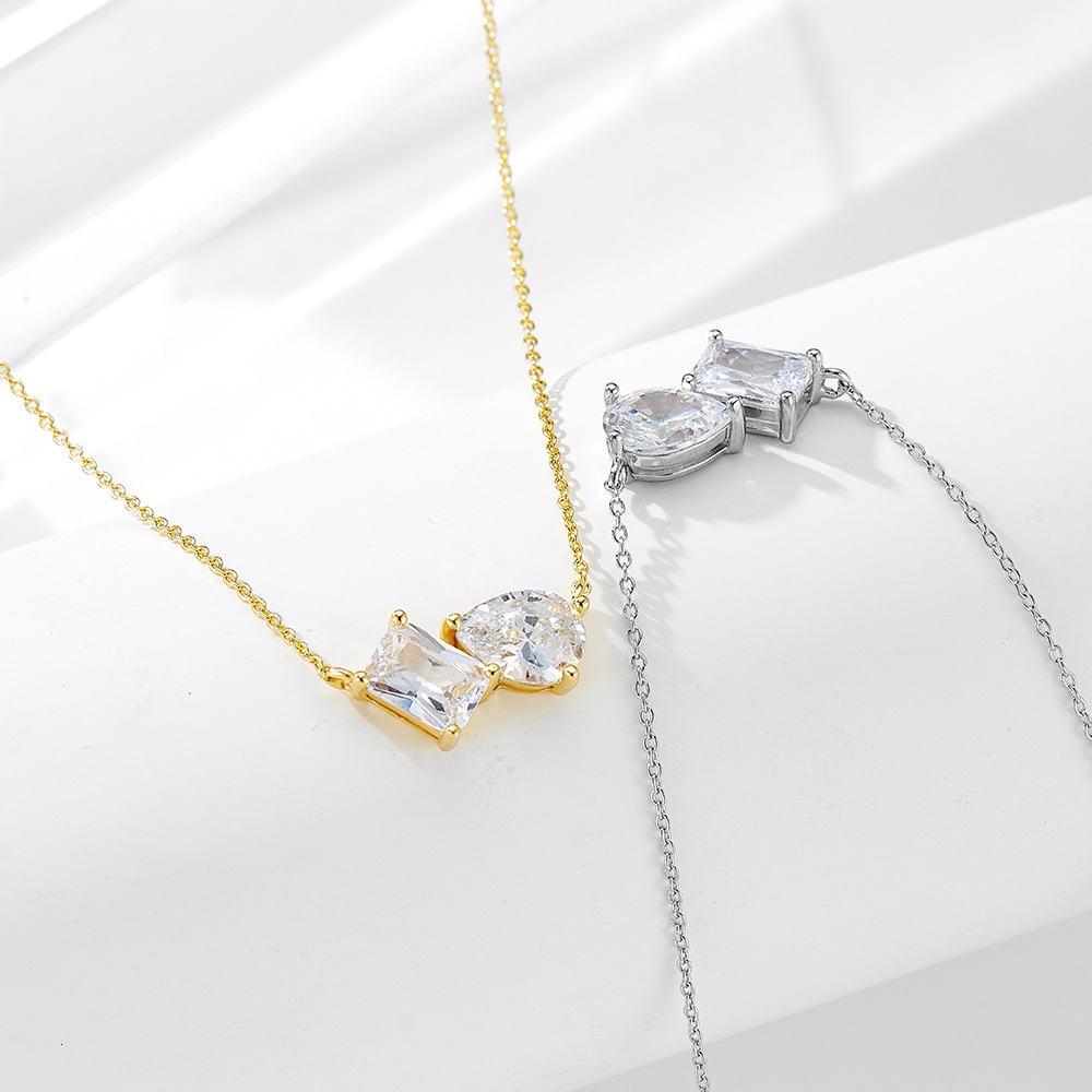 S Pure Sier Pear-Shaped Square Zircon Pendant Necklace for Women Simple Geometric Light Ins Collarbone Chain Jewelry for Women