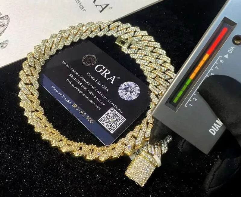 VVS Moissanite Pass Dia Tester Tone Miami Cuban Link Chain 12mm 14mm 18mm 20mmHip Hop Necklace Bracelet Men Jewelry