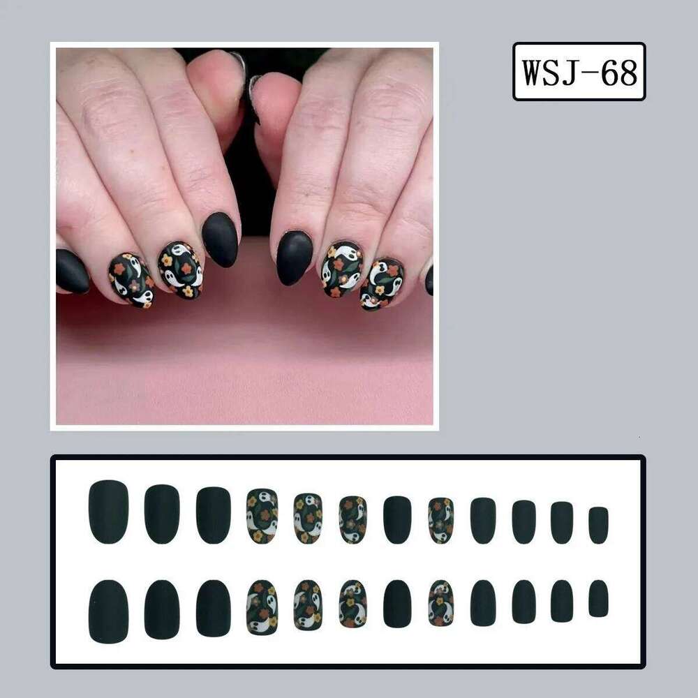 24pcs Al Cute Flower Ghost Pattern Design Fake Press On Halloween Short Oval Fashion Matte False Nails Wearable X250814