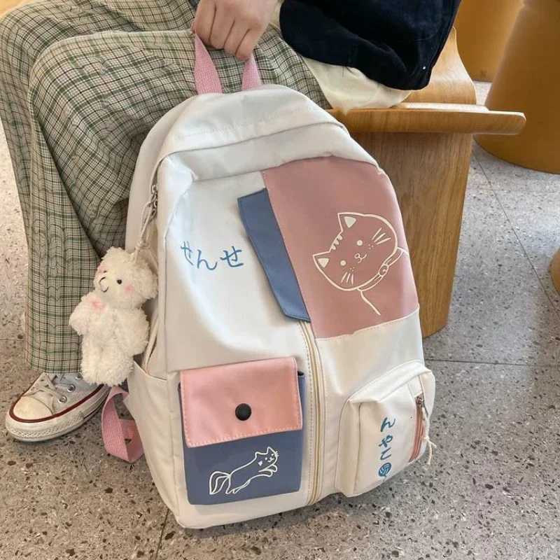 Korean Cute Cartoon Cat Womens Backpack Junior High School Students Large Capacity Nylon Waterproof Travel Backpack XJ250814
