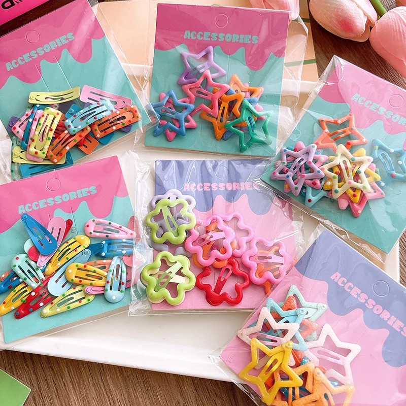 10/20pc Colorful Basic Snap Baby Hair Clips Girls Spring Sunmmer Color Heart Hairpins Star BB Barrette Kid Girls Metal Hairpins 250812