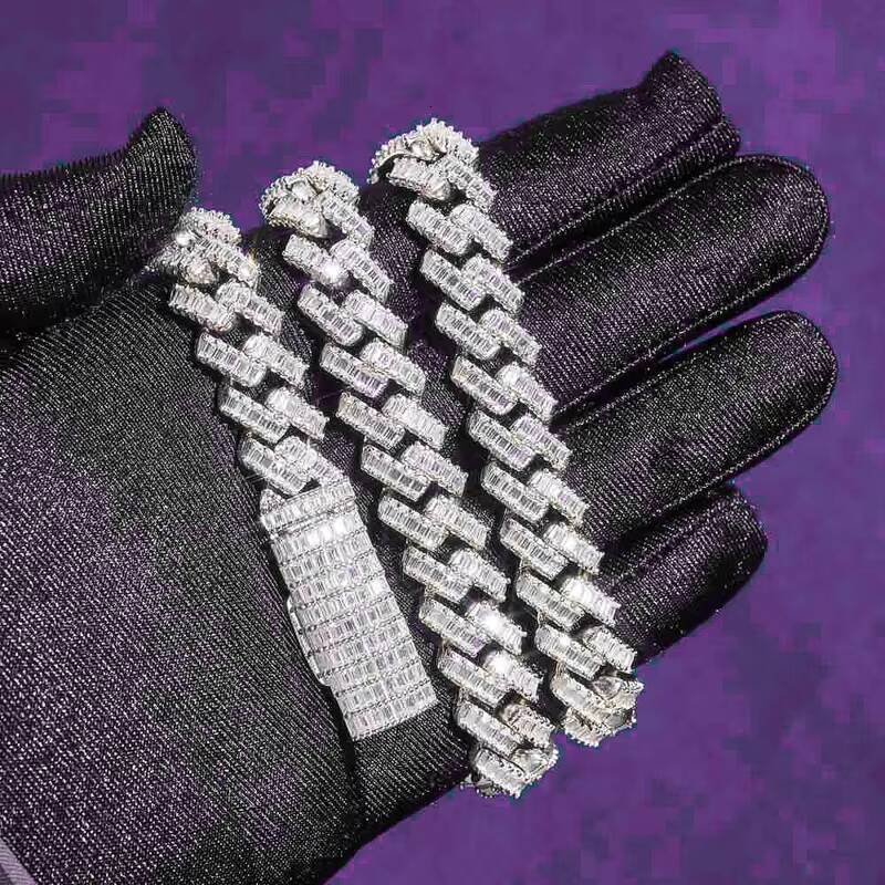 Hip Hop 925 Sterling Silver Mens Womens Iced Cuban Link Chain VVS Moissanite Baguette Passd Diamond Tester Moissanite Necklace