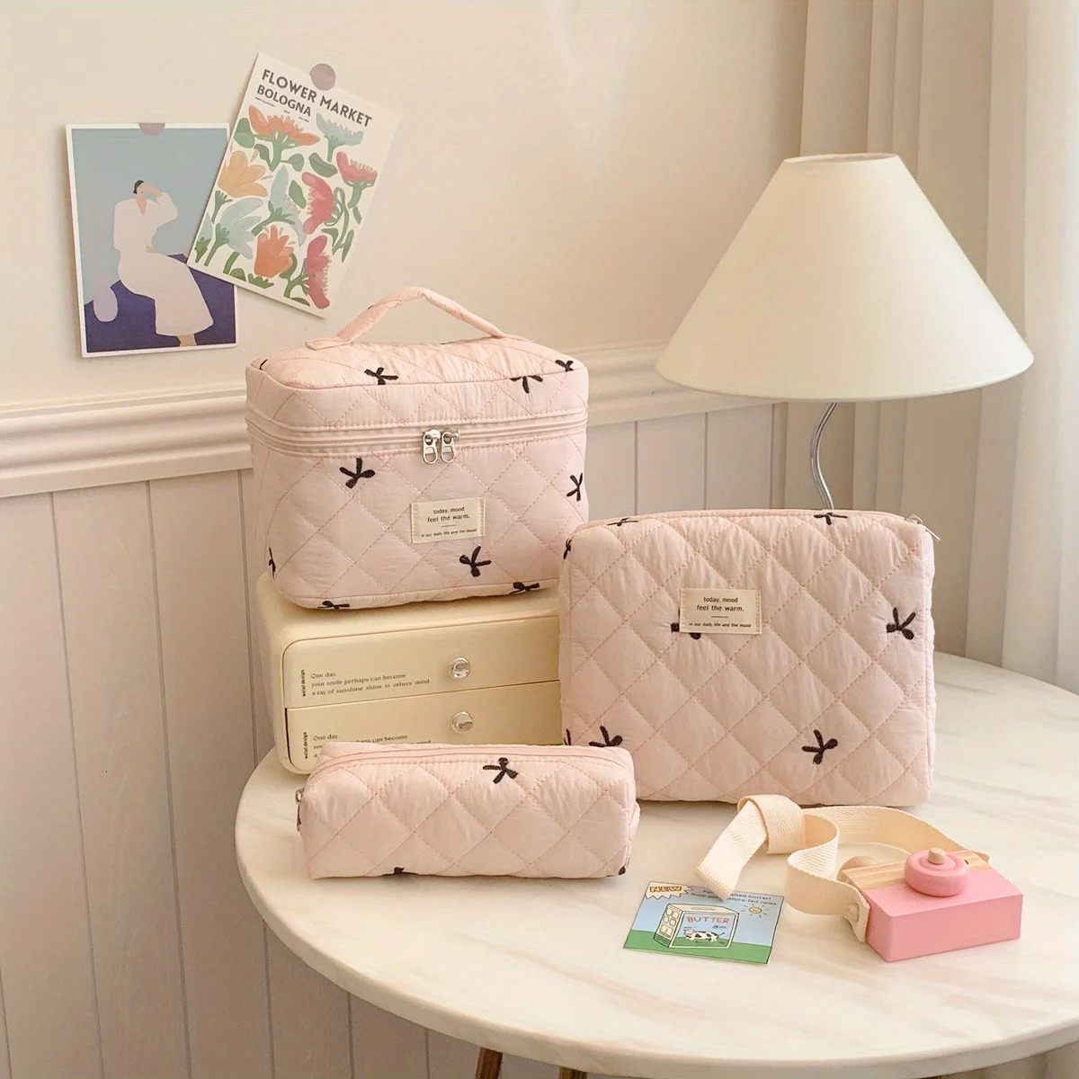 3pcs sets Cute Bow Flower Quilted Makeup Bag Women Cosmetic Organizer Female Handbag Portable Toiletry Case For Travel 250812