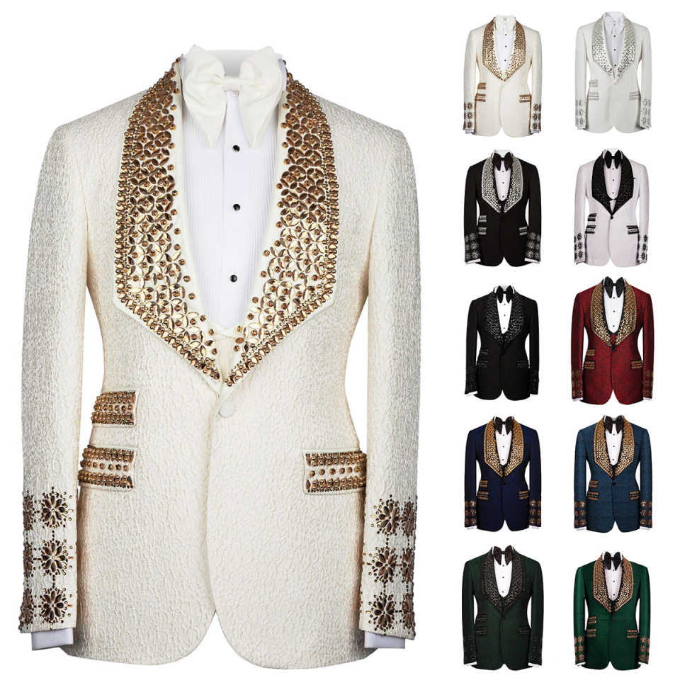 Gold Gem Stone Crytals Men Suits Shawl Lapel Groom Wedding Tuxedo 3 Pieces Sets Dinner Party Blazers Customized Costume Homme